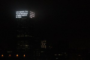 a building in Johannesburg, lit with a message for Madiba